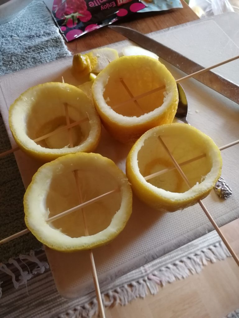 Neljä sitruunakulhoa, jotka pysyvät pystyssä toisiinsa liitetyin grillitikuin.