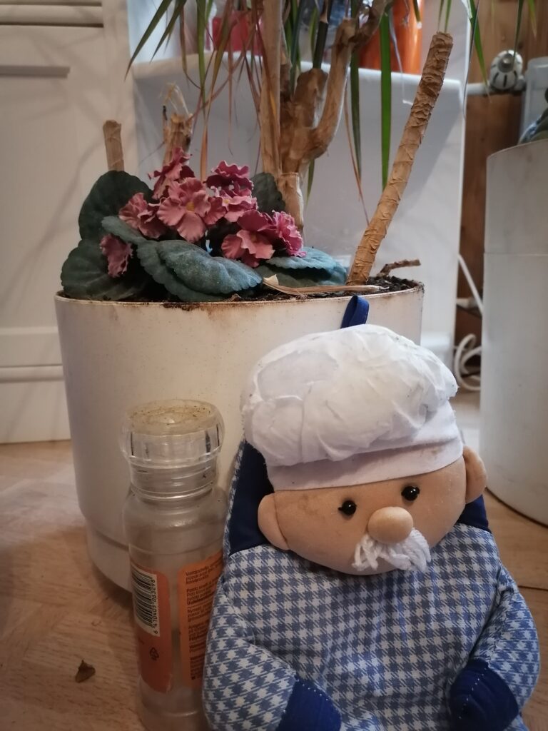 Kokki kukkaruukun etualalla, välissä pippurimylly.